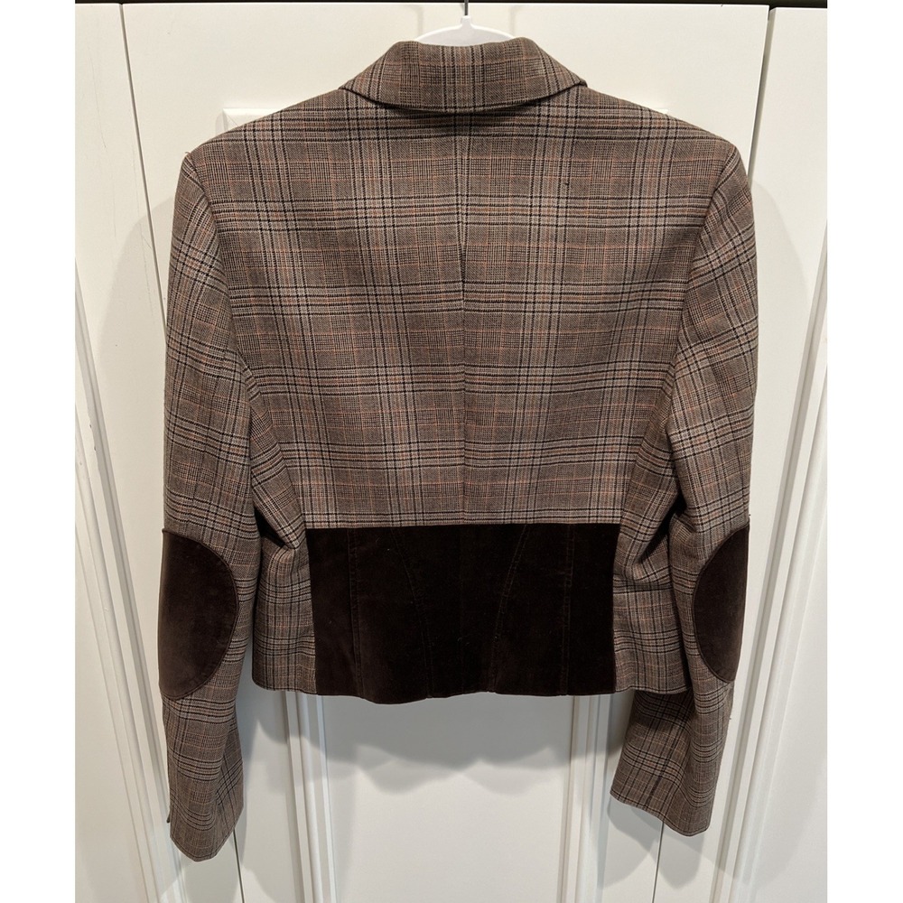 BCBGMaxazria Brown Glen Plaid Blazer Size Medium Wool Preppy Elbow Patches Crop - Picture 2 of 8